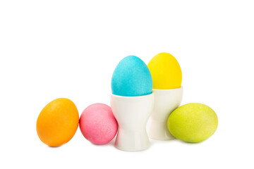 Easter eggs isolated on white background. Easter holiday concept. Handmade colorful shiny Easter...