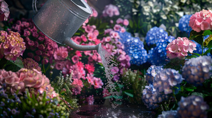 A watering can is pouring water over blooming hydrangeas.