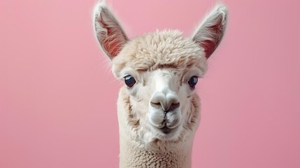 Little funny alpaca on pink background