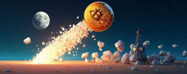 Bitcoin financial market is increasing to the moon like rocket, banner. Generative AI.