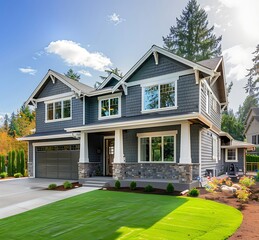 A beautiful two story modern craftsman style home with gray shingle walls, white trim and windows, green grass in front yard, concrete driveway, blue sky, pacific northwest trees in background, - obrazy, fototapety, plakaty