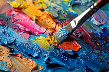 Close-up of a vibrant artist's palette with thick, textured oil paints and a paintbrush, showcasing a spectrum of colors.