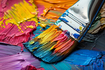 Close-up of a vibrant artist's palette with thick, textured oil paints and a paintbrush, showcasing...