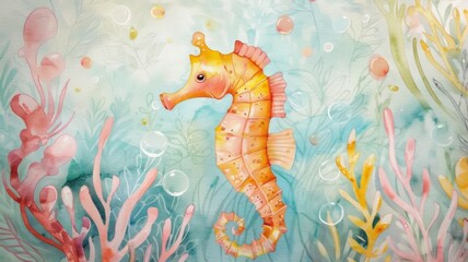 Vibrant Underwater Seahorse Amidst Coral and Bubbles in Serene Ocean Habitat - obrazy, fototapety, plakaty