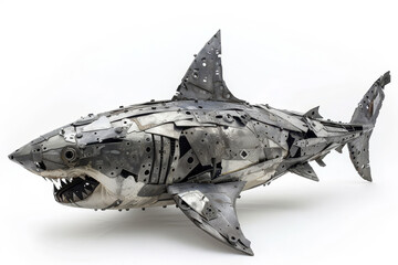 A creatively crafted shark sculpture made from metal parts, isolated on a white background..