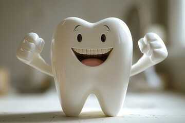 A whimsical cartoon tooth mascot showing off muscles, promoting dental health and strength with a...