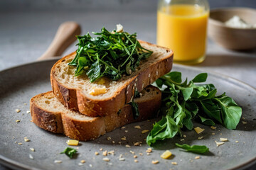 An image of crispy toast with a piece of butter and herbs on a plate. Breakfast advertising photo template.