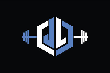 LJ, JL Initial Alphabet letters Logo Design, Letter J,L, JL OR LJ Logo With barbell. Fitness Gym logo Vector.