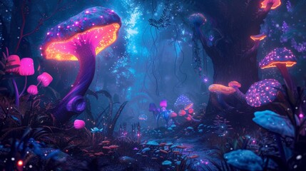 Glowing mushroom in deep forest