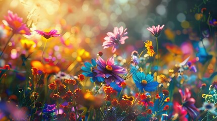 A cluster of colorful wildflowers dancing in the breeze, a vibrant celebration of nature's...