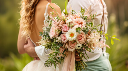 A bridal bouquet of pink roses is held in an intimate embrace.