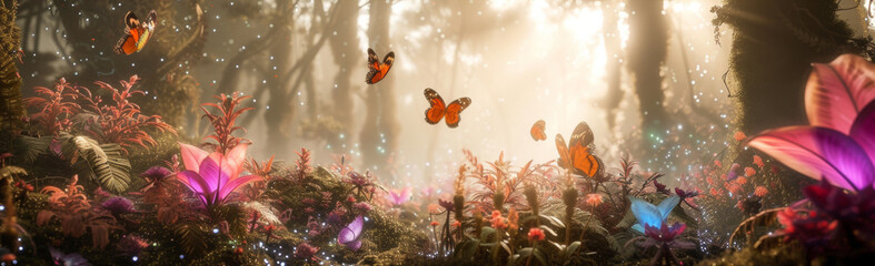 Obraz premium Fairy enchanted forest wonderland wall paper background. Glowing flowers, misty sunlight.