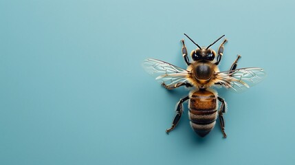 One honey bee on blue background - obrazy, fototapety, plakaty