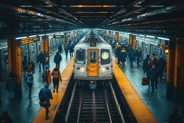 A photo of a bustling subway station with people rushing to catch their trains - obrazy, fototapety, plakaty