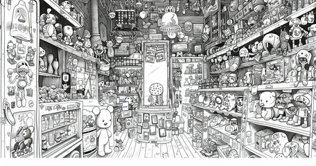 random fantasy toy store, black and white line art