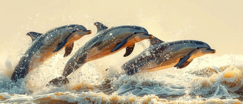 Background wildlife image - three bottlenose dolphins jumping in the waves