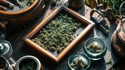 A plate of dried cannabis buds on table - obrazy, fototapety, plakaty