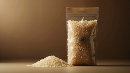 Rice packaging design on a table with copy space, - obrazy, fototapety, plakaty