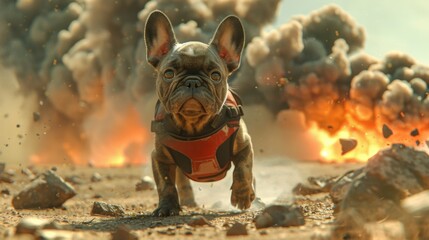 A baby French Bulldog wanders through a dreamy, behemoth-filled wasteland, seeking value in a world lost, rendered in 2D illustration. - obrazy, fototapety, plakaty