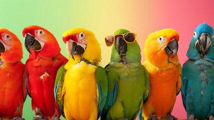 Parrot bird in a group vibrant bright fashionable outfits on colored background - obrazy, fototapety, plakaty