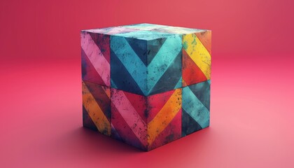 3D render clay style of A cube decorated with chevron patterns, isolated on pure solid background, ruby red, sapphire blue, and emerald green