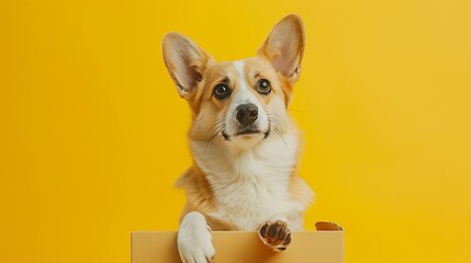 pembroke welsh corgi stands paws on a feed package on colored background