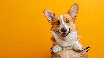 pembroke welsh corgi stands paws on a feed package on colored background - obrazy, fototapety, plakaty