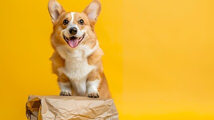 pembroke welsh corgi stands paws on a feed package on colored background