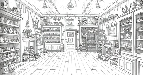 random fantasy toy store, black and white line art