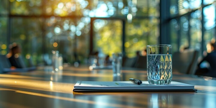 Elegant Meeting Room with Glass of Water and Planner in Sunlight