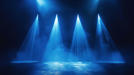 Blue spotlights illuminate an empty stage with atmospheric smoke. The anticipation of a performance in a dark theater is palpable - obrazy, fototapety, plakaty