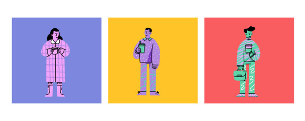 Set of various young People with coffee.Cups to take away or to go. Funny characters. Cartoon comic style. Hand drawn colored trendy Vector illustration. Isolated design elements