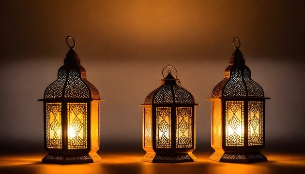 Two traditional Arabic lanterns lit up for celebrating the Holy Month of Ramadan stock photo