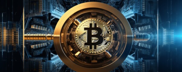 Bitcoin symbol safe lock in financial data processing, banner. Generative AI.
