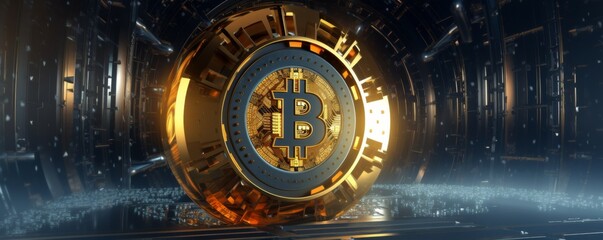 Bitcoin symbol safe lock in financial data processing, banner. Generative AI.