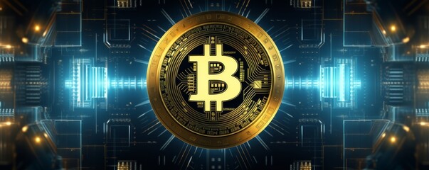 Bitcoin symbol safe lock in financial data processing, banner. Generative AI.