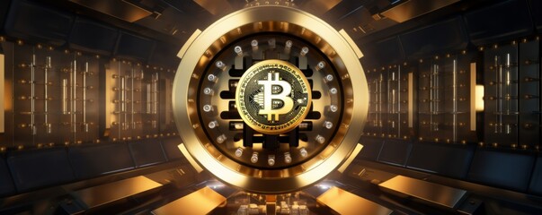 Bitcoin symbol safe lock in financial data processing, banner. Generative AI.