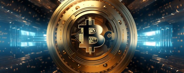 Bitcoin symbol safe lock in financial data processing, banner. Generative AI.