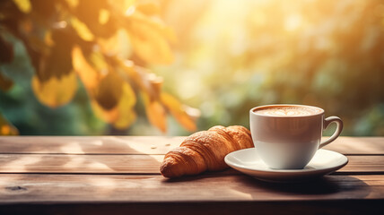 Delicious coffee and bread picture on cozy background
