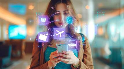 Woman with her smartphone doing an online search or reservation for a trip or flight on vacation. Flight, travel and vacation interface.