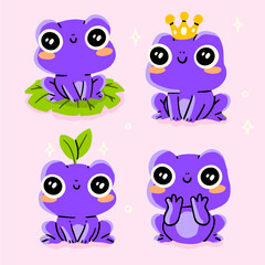 Collection of Vector Cartoon Hand draw Art. Set of Kawaii Isolated Amphibian and Purple Cute Frogs Illustrations for Prints for Clothes, Stickers, Coloring Pages.	