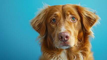 Portrait of a nova scotia duck tolling retriever looking at camera on a blue background