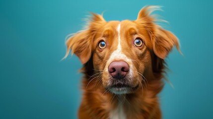 Portrait of a nova scotia duck tolling retriever looking at camera on a blue background - obrazy, fototapety, plakaty