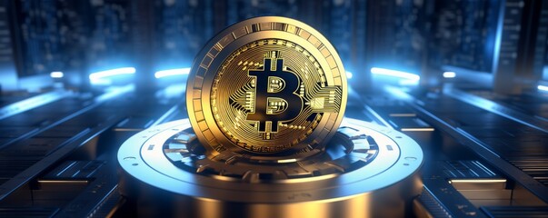 Bitcoin symbol safe lock in financial data processing, banner. Generative AI.