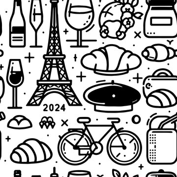 Paris doodle pattern. Popular French landmarks, food and attractions. Vector drawings. Good for prints, icons, posters, cards, etcPrint