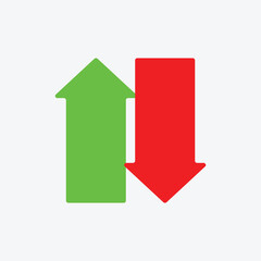 green up and red down arrows, round solid vector signs. Green Up Arrow, Red Down Arrow icon. Vector illustration. Eps file 74.