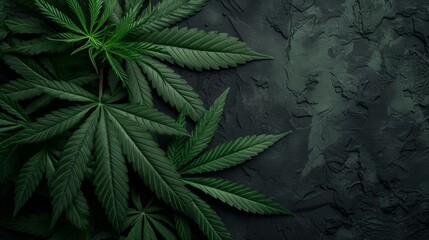 Cannabis plant leaves over dark background. - obrazy, fototapety, plakaty