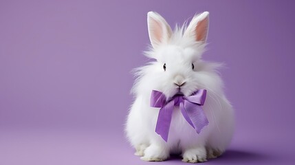 Fototapeta na wymiar Pretty long-haired angora white rabbit with a purple bow on a lavender purple background