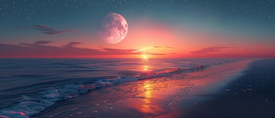 A peaceful background - a beautiful sunset, a sky with stars and a glowing horizon. - obrazy, fototapety, plakaty