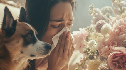 A person sneezing due to allergic with home animal. - obrazy, fototapety, plakaty